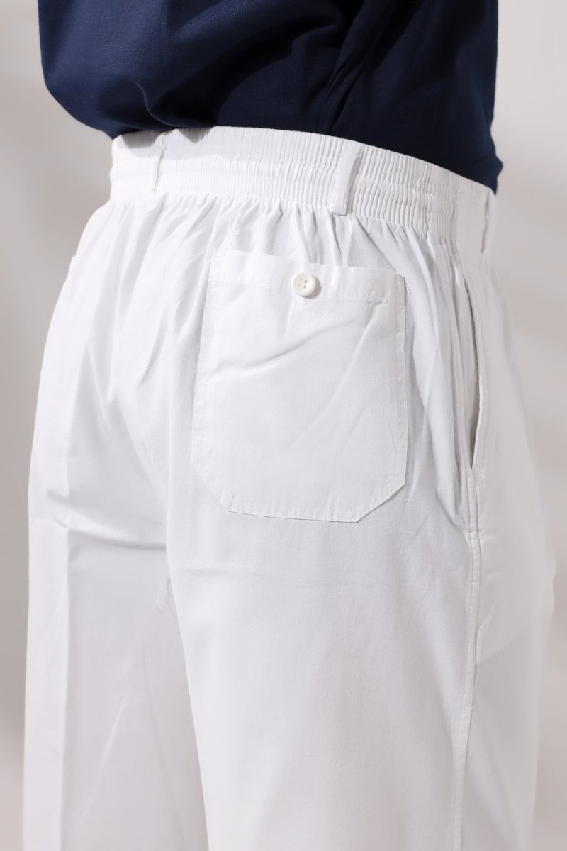 Men's White Relaxed Fit Linen Hajj and Umrah Harem Pants with Elastic Waistband - ihvan
