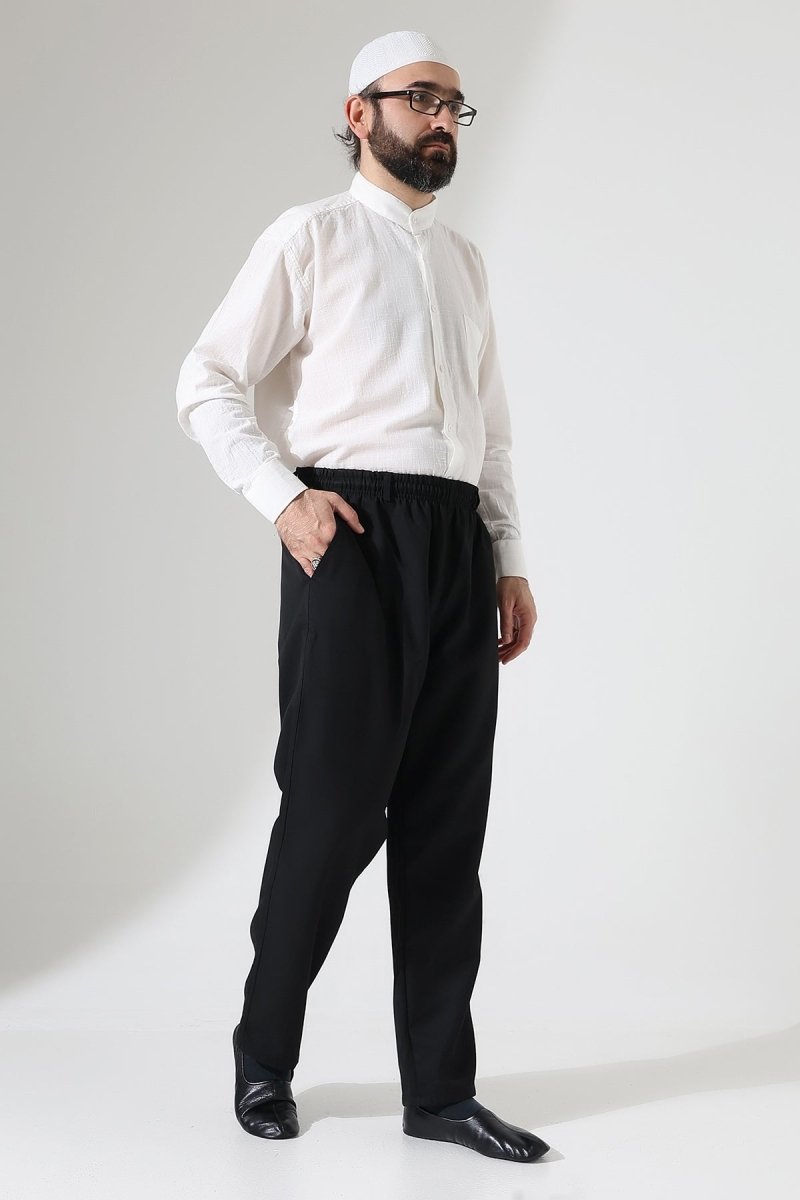 Men's Winter Comfortable Fit Elastic Waist Pocketed Modern Fabric Harem Pants - Black (IHVN) - ihvan
