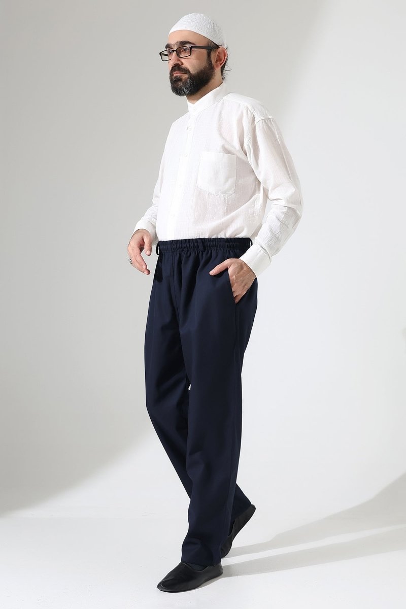 Men's Winter Comfortable Fit Elastic Waist Pocketed Modern Fabric Harem Pants - Navy Blue (IHVN) - ihvan