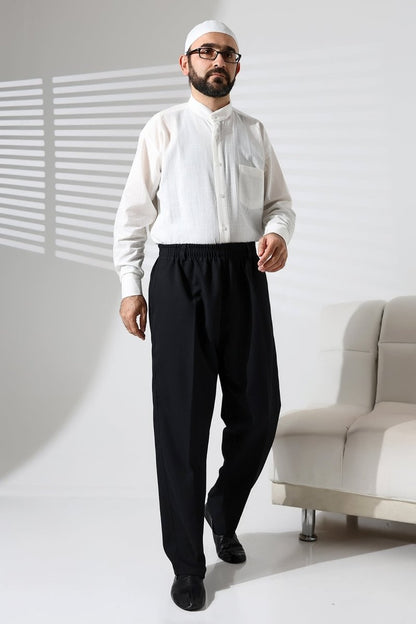 Men's Winter Wool-Influence Fabric Harem Pants with Elastic Waist and Pockets - Black (ISR) - ihvan