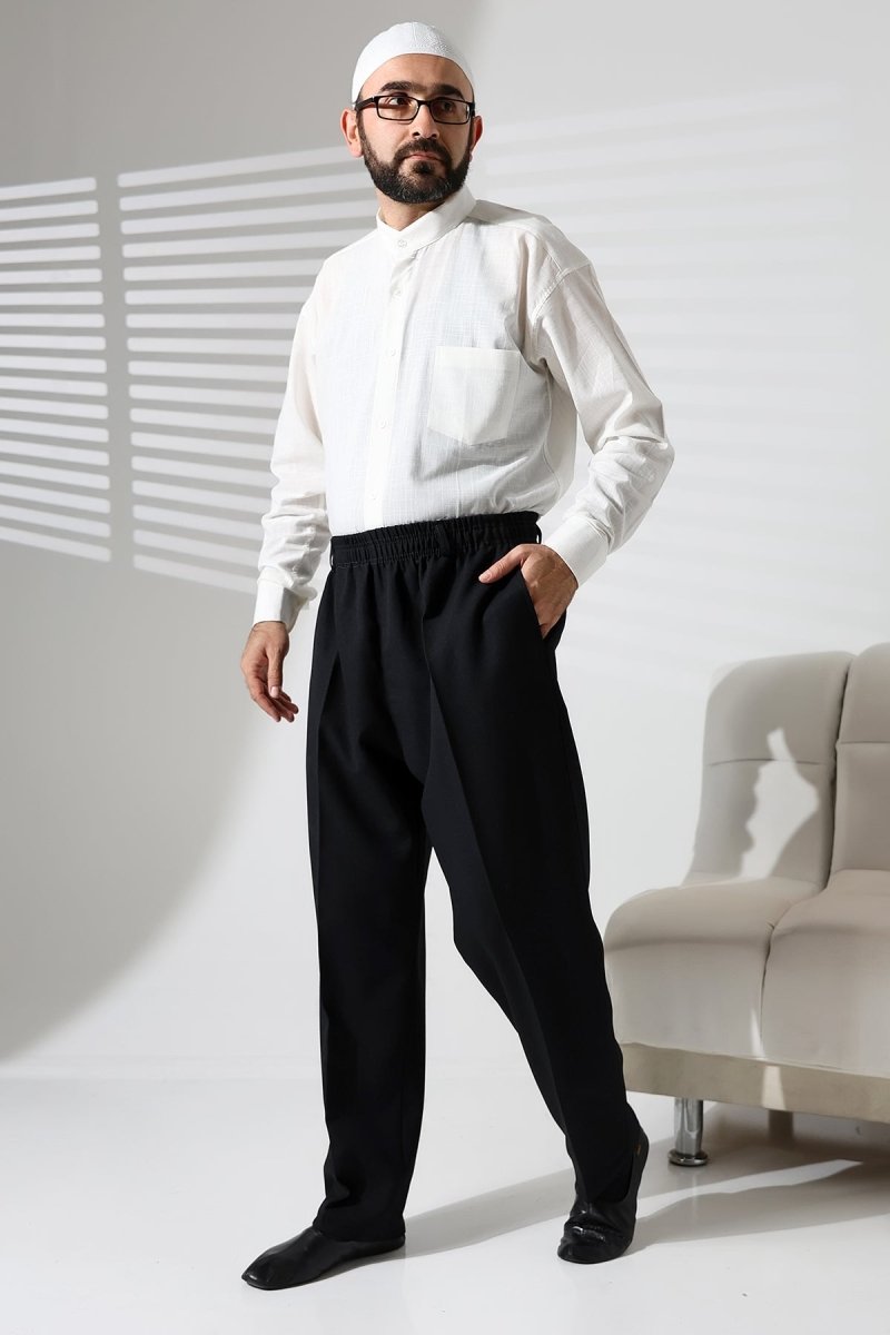 Men's Winter Wool-Influence Fabric Harem Pants with Elastic Waist and Pockets - Black (ISR) - ihvan