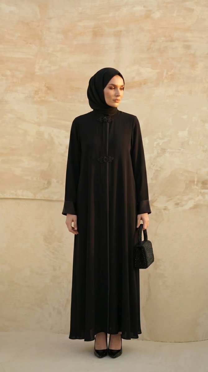Mevlana Stone Embellished Abaya, Flared Cut, Zippered, Satin Cuffs, Black 9587 - 26 - ihvan