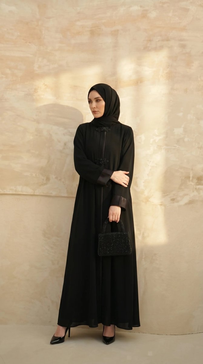 Mevlana Stone Embellished Abaya, Flared Cut, Zippered, Satin Cuffs, Black 9587 - 26 - ihvan