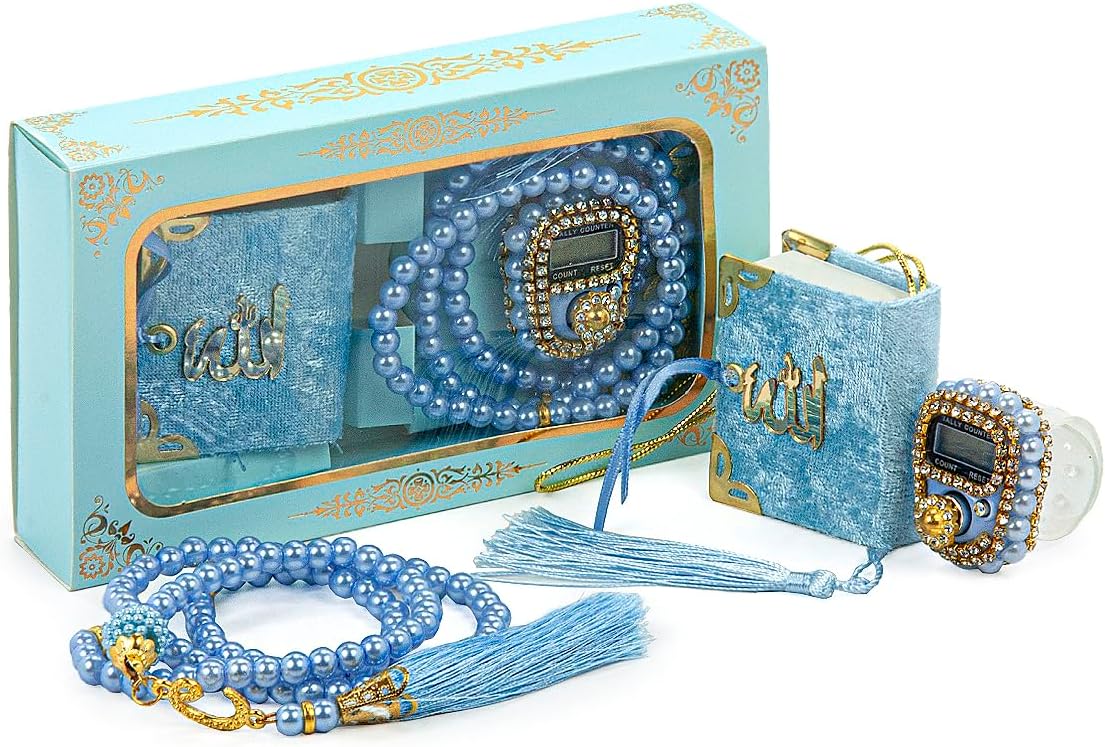 Mini Velvet Quran Gift Set with Digital Tasbeeh Counter & Pearl Rosary | Islamic Gift for Ramadan, Eid & Mevlit - ihvan