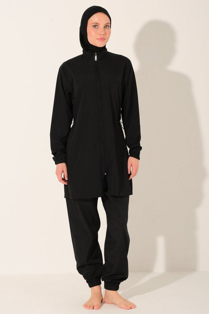 Modest Swimsuit Basic Plus Size Zip - Up Long Sleeved with Pants 24215 - 26 Black - ihvan