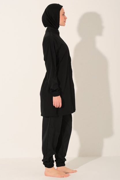 Modest Swimsuit Basic Plus Size Zip - Up Long Sleeved with Pants 24215 - 26 Black - ihvan