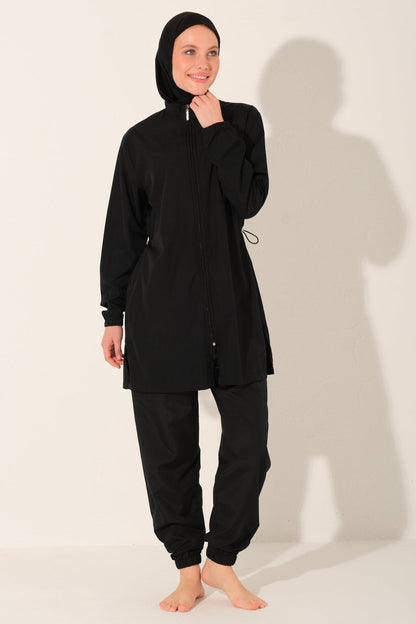 Modest Swimsuit Basic Plus Size Zip - Up Long Sleeved with Pants 24215 - 26 Black - ihvan
