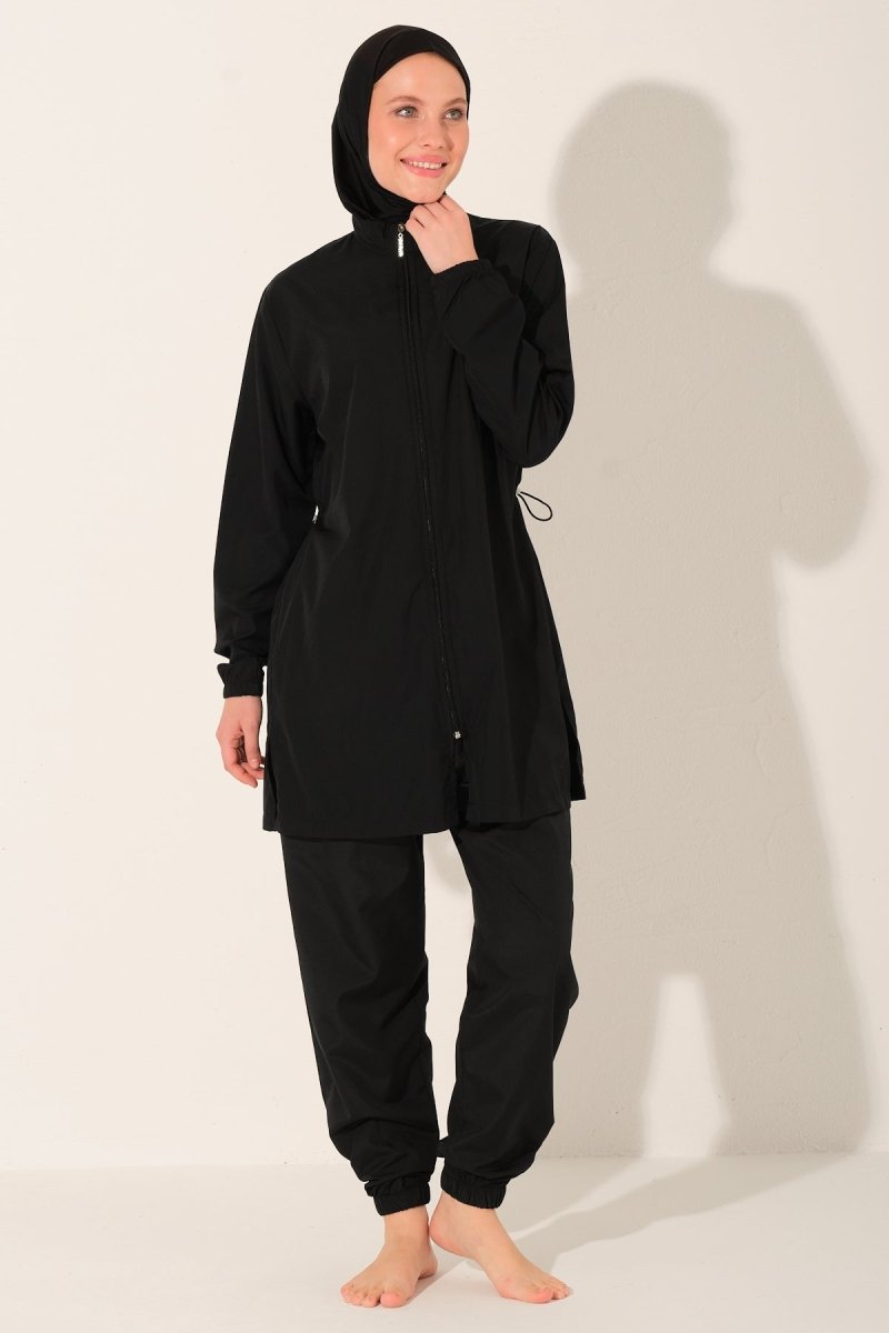 Modest Swimsuit Basic Plus Size Zip - Up Long Sleeved with Pants 24215 - 26 Black - ihvan