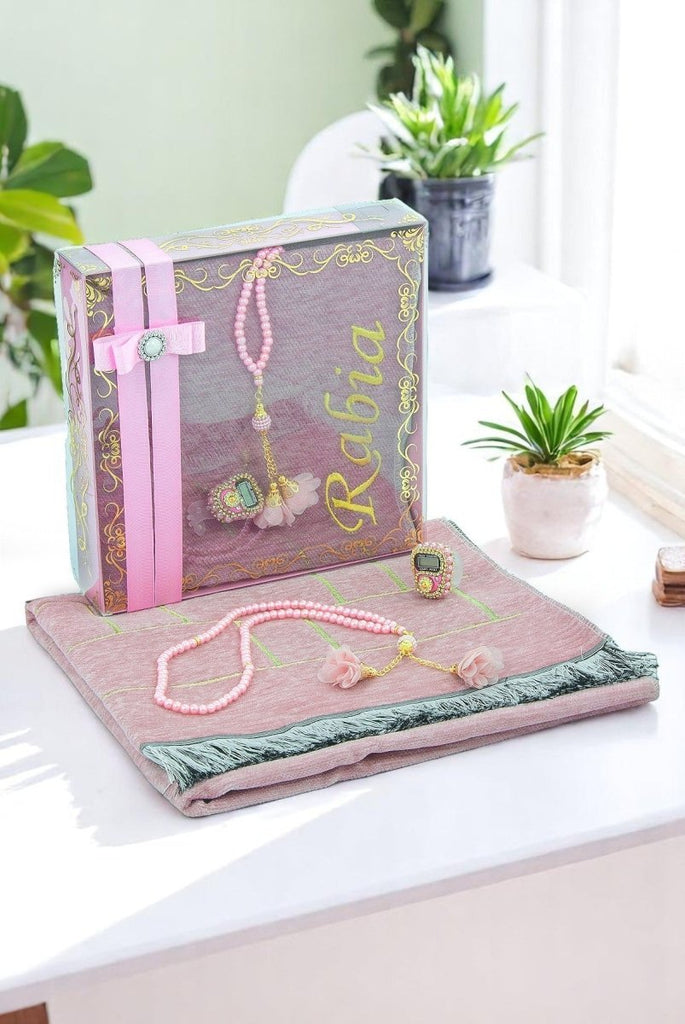 Mother's Day Gift Boxed Customizable Prayer Rug Rosary Finger Counter Islamic Gift Set Black - ihvan