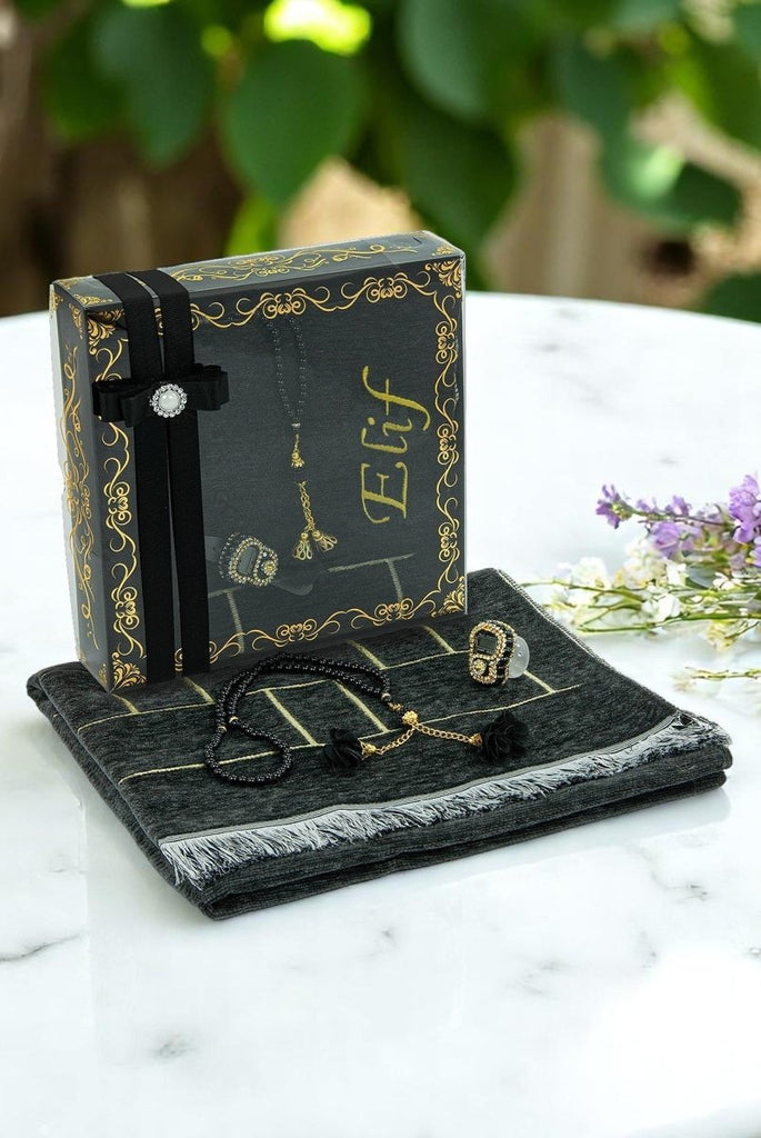 Mother's Day Gift Boxed Customizable Prayer Rug Rosary Finger Counter Islamic Gift Set Black - ihvan