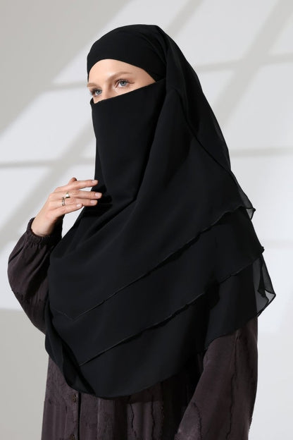 Muslim Prayer Hijab 3 Layers, Chiffon Khimar with Niqab Face Veil, Breathable Layered Ruffle Instant Long Scarf for Women, Oval Cut - ihvan