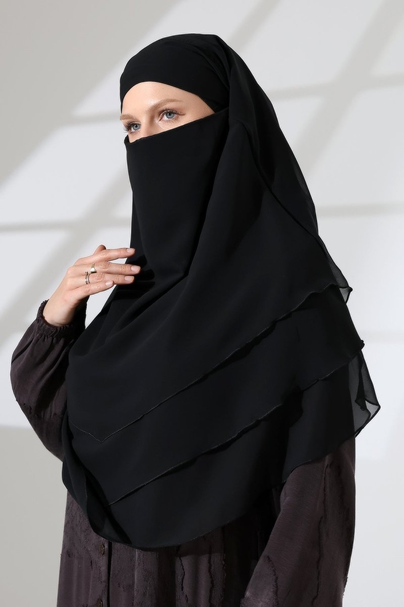 Muslim Prayer Hijab 3 Layers, Chiffon Khimar with Niqab Face Veil, Breathable Layered Ruffle Instant Long Scarf for Women, Oval Cut - ihvan