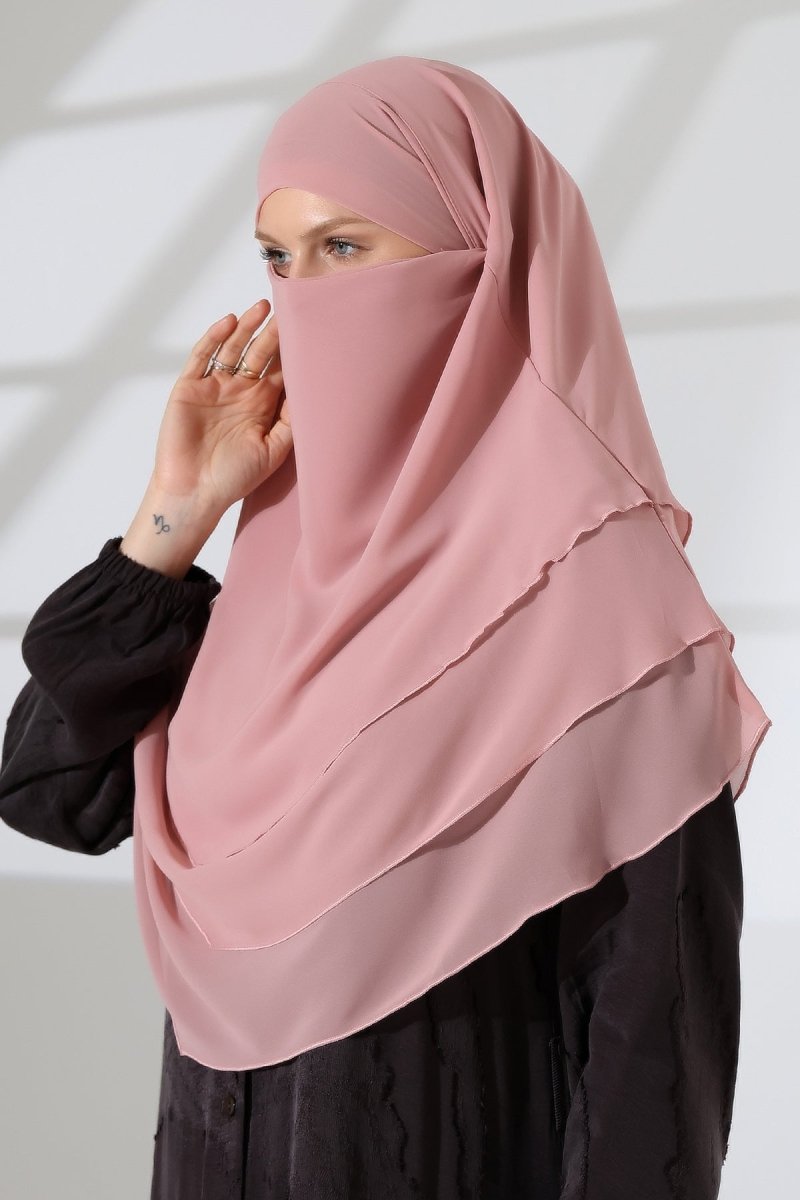 Muslim Prayer Hijab 3 Layers, Chiffon Khimar with Niqab Face Veil, Breathable Layered Ruffle Instant Long Scarf for Women, Oval Cut - ihvan