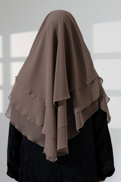 Muslim Prayer Hijab 3 Layers, Chiffon Khimar with Niqab Face Veil, Breathable Layered Ruffle Instant Long Scarf for Women, Oval Cut - ihvan