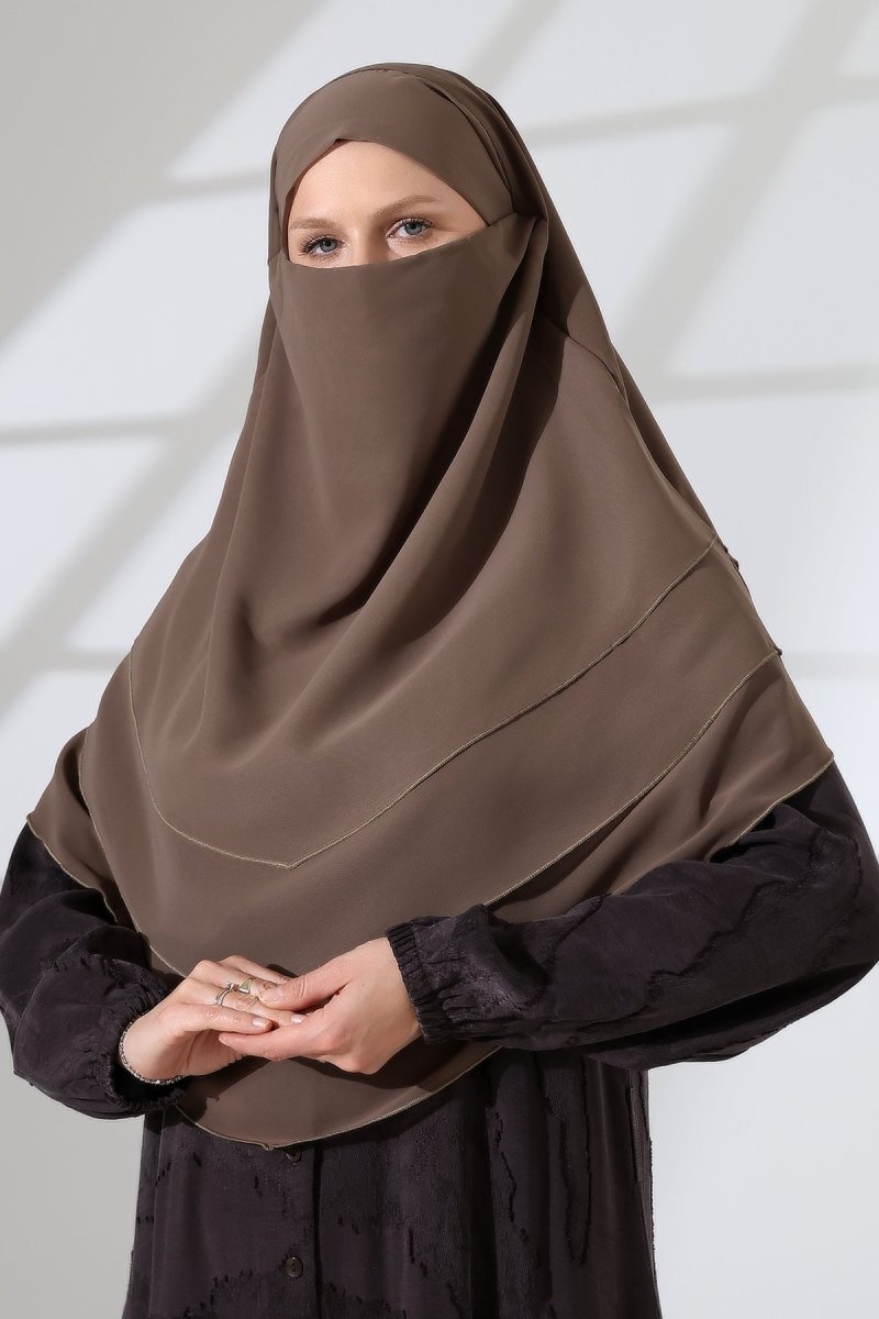 Muslim Prayer Hijab 3 Layers, Chiffon Khimar with Niqab Face Veil, Breathable Layered Ruffle Instant Long Scarf for Women, Oval Cut - ihvan