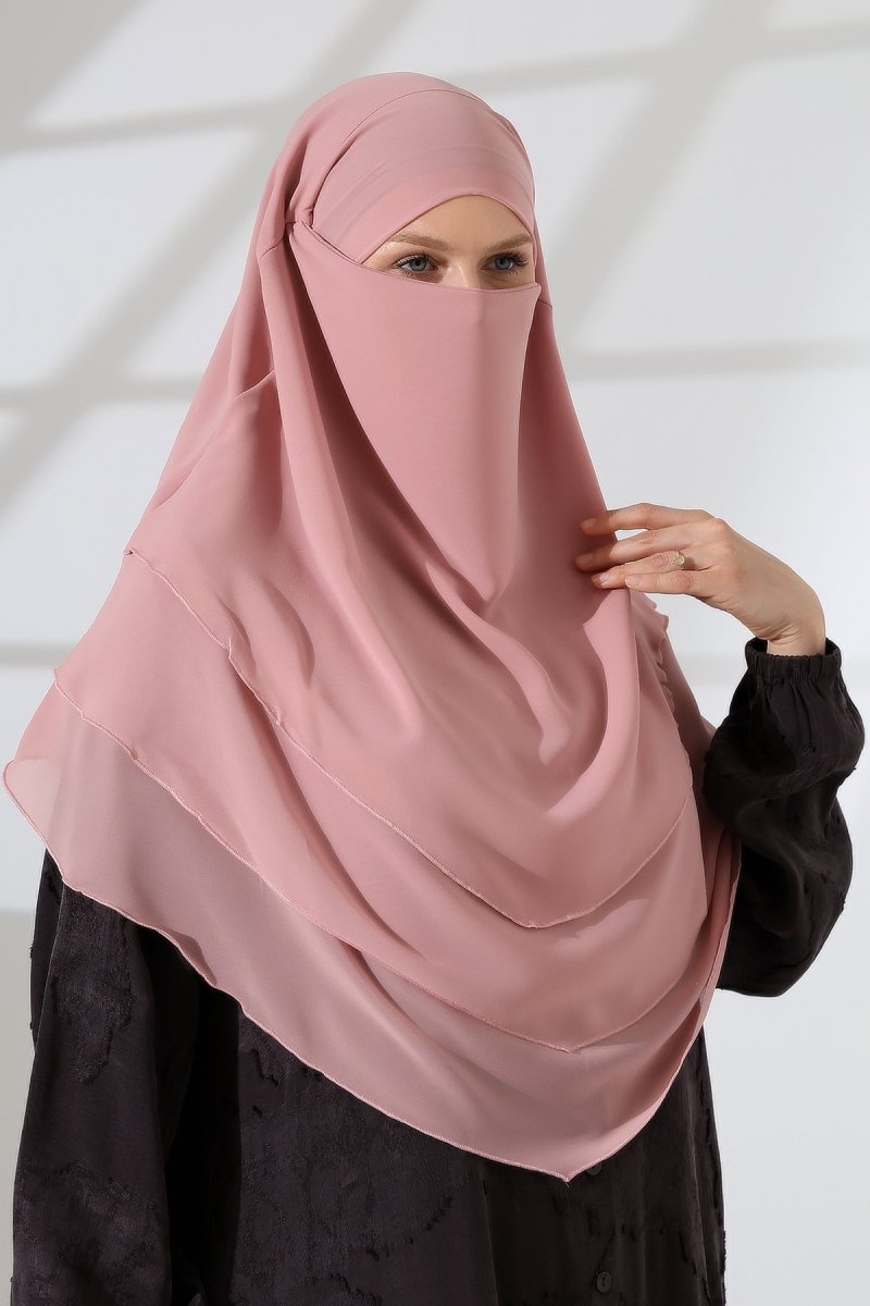 Muslim Prayer Hijab 3 Layers, Chiffon Khimar with Niqab Face Veil, Breathable Layered Ruffle Instant Long Scarf for Women, Oval Cut - ihvan