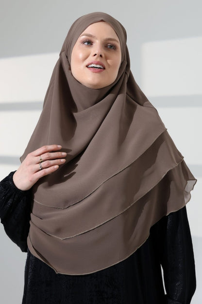 Muslim Prayer Hijab 3 Layers, Chiffon Khimar with Niqab Face Veil, Breathable Layered Ruffle Instant Long Scarf for Women, Oval Cut - ihvan