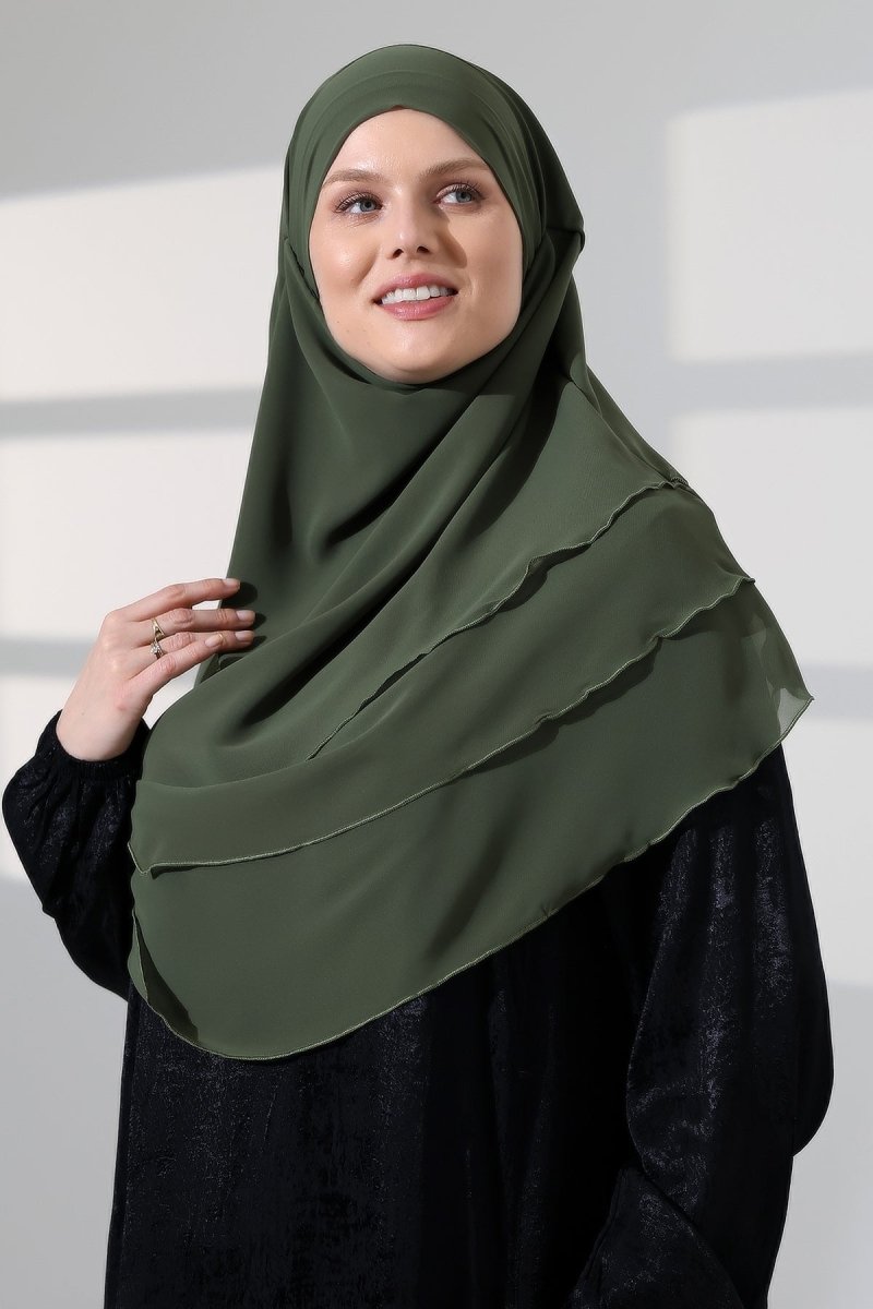 Muslim Prayer Hijab 3 Layers, Chiffon Khimar with Niqab Face Veil, Breathable Layered Ruffle Instant Long Scarf for Women, Oval Cut - ihvan