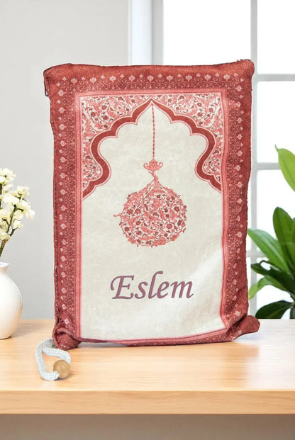 Personalized Embroidered Velvet Prayer Mat Set – Luxury Mihrab Design Prayer Rug with Matching Pouch & Pearl Tasbih