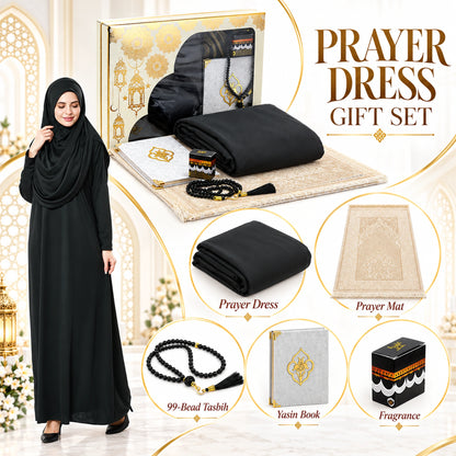 One-Piece Prayer Dress with Attached Hijab & Prayer Mat Gift Set