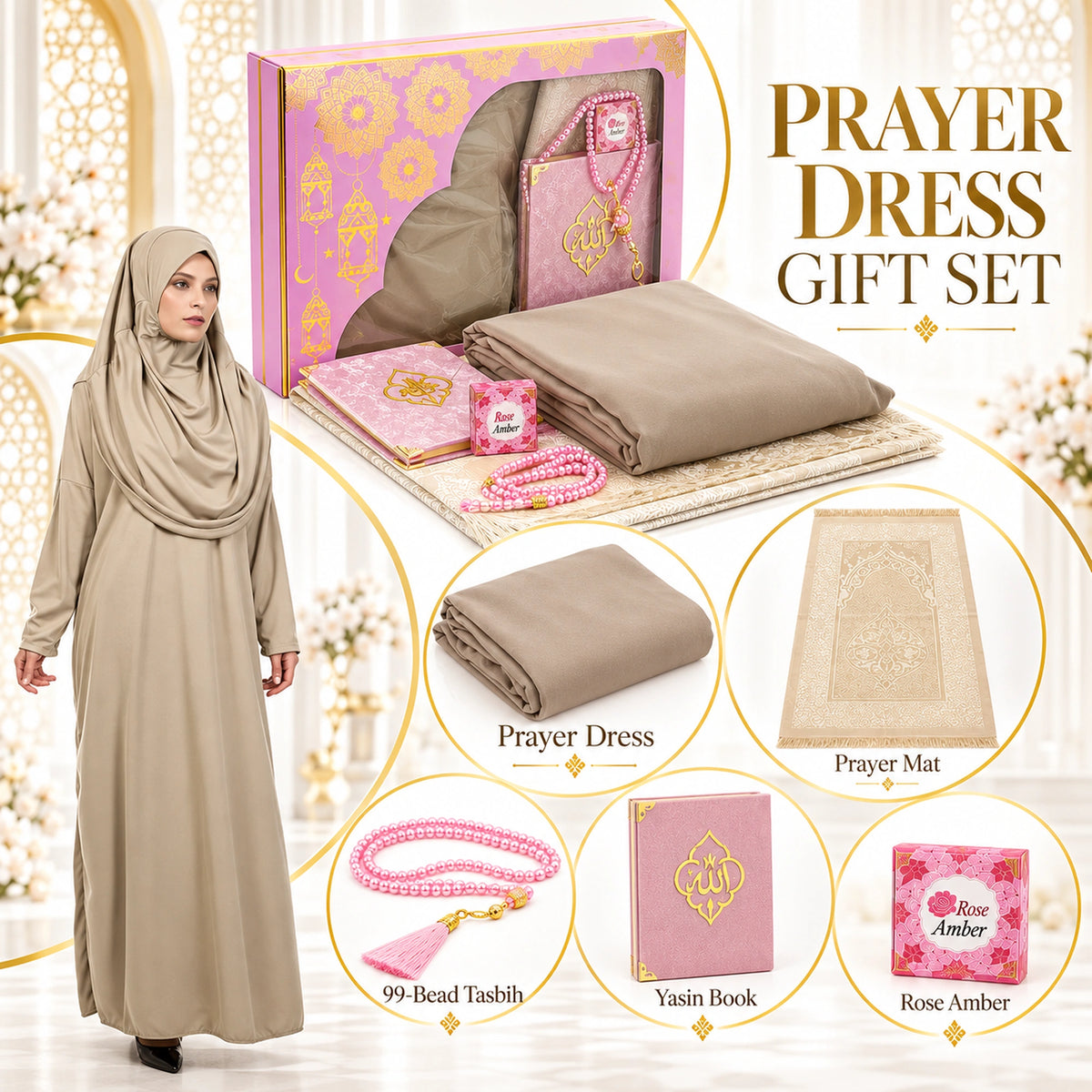 One-Piece Prayer Dress with Attached Hijab & Prayer Mat Gift Set