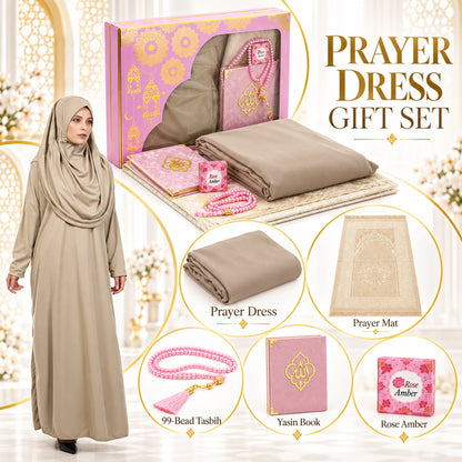 One-Piece Prayer Dress with Attached Hijab & Prayer Mat Gift Set