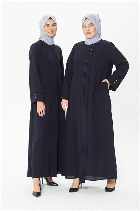 Navy Blue Abaya with Ribbed and Stone Details 3302 - ihvan