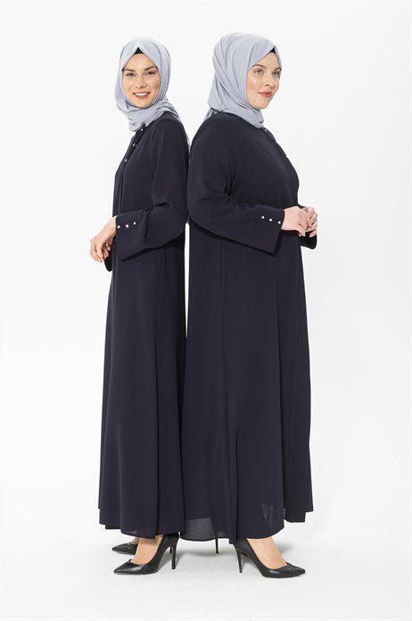 Navy Blue Abaya with Ribbed and Stone Details 3302 - ihvan