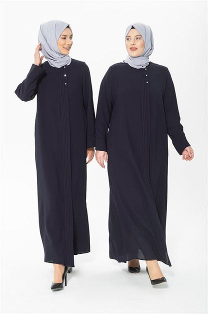 Navy Blue Abaya with Ribbed and Stone Details 3302 - ihvan