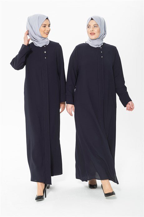 Navy Blue Abaya with Ribbed and Stone Details 3302 - ihvan