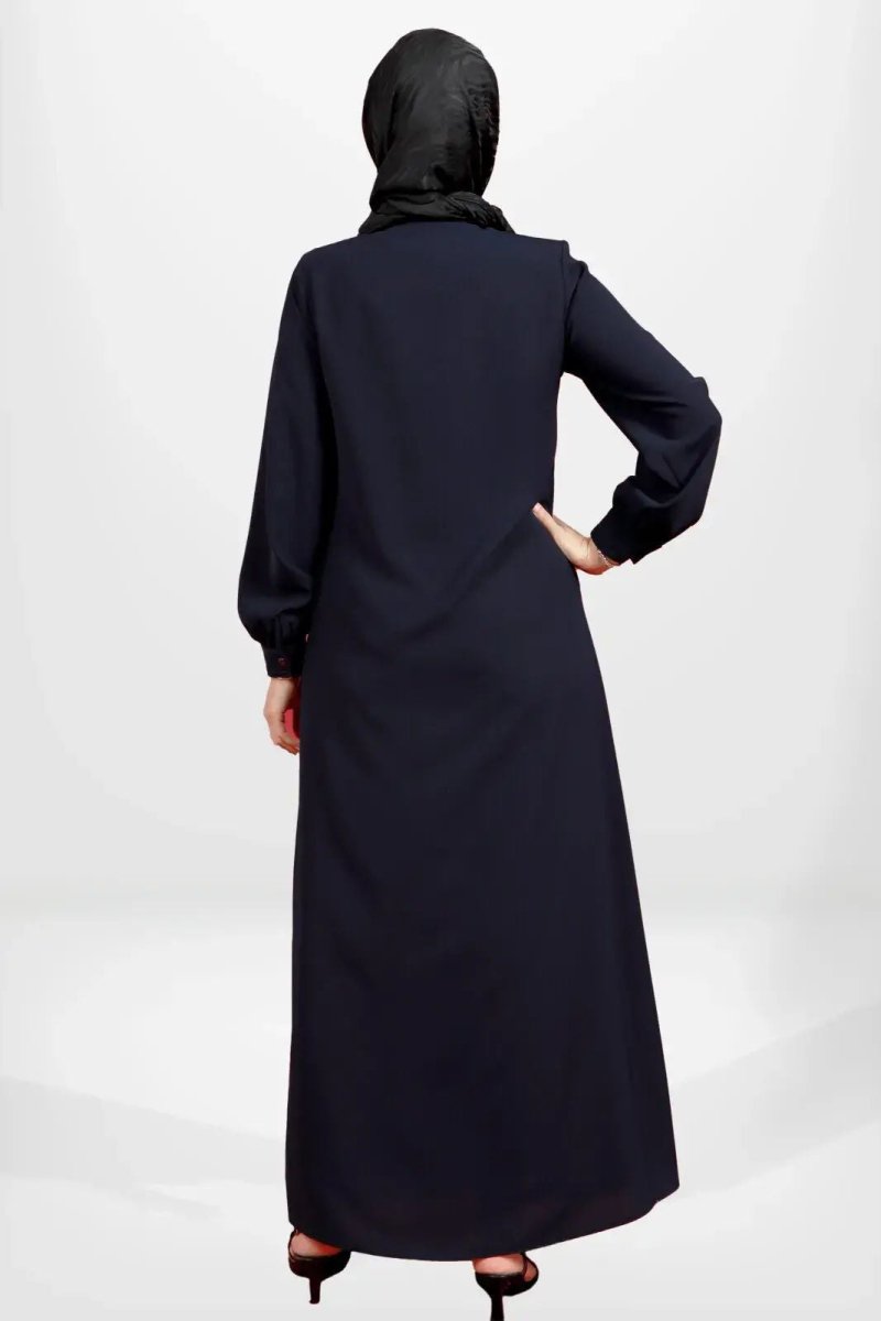 NAVY BLUE ASYMMETRICAL FABRIC DETAILED, POCKETED, ZIPPED MODEST ABAYA 3901 - 25 - ihvan