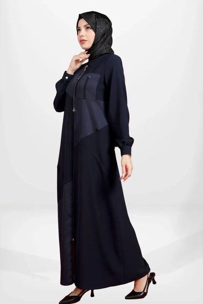 NAVY BLUE ASYMMETRICAL FABRIC DETAILED, POCKETED, ZIPPED MODEST ABAYA 3901 - 25 - ihvan