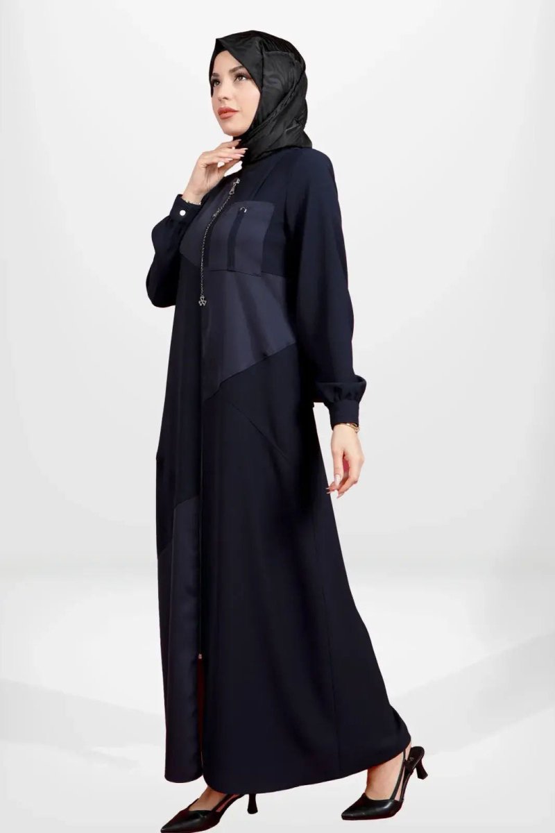 NAVY BLUE ASYMMETRICAL FABRIC DETAILED, POCKETED, ZIPPED MODEST ABAYA 3901 - 25 - ihvan