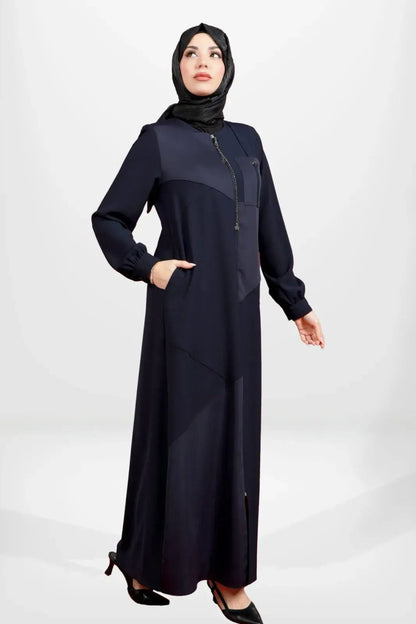 NAVY BLUE ASYMMETRICAL FABRIC DETAILED, POCKETED, ZIPPED MODEST ABAYA 3901 - 25 - ihvan
