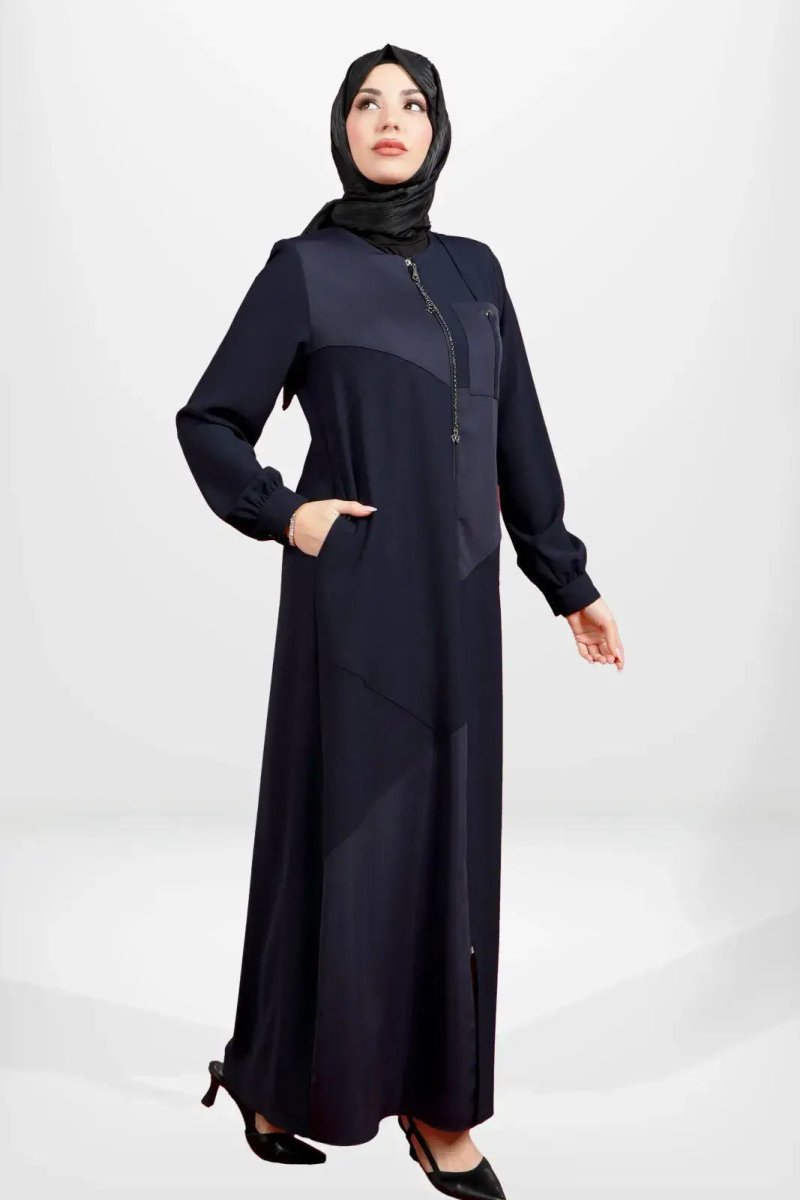 NAVY BLUE ASYMMETRICAL FABRIC DETAILED, POCKETED, ZIPPED MODEST ABAYA 3901 - 25 - ihvan