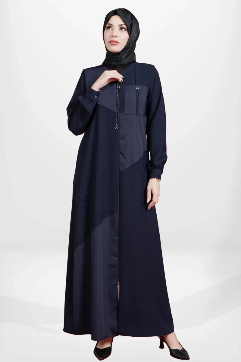 NAVY BLUE ASYMMETRICAL FABRIC DETAILED, POCKETED, ZIPPED MODEST ABAYA 3901 - 25 - ihvan