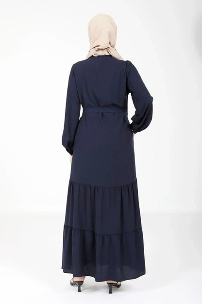 Navy Blue Crepe Hidden Zipper Two - Layer Gathered Detachable Belt Hijab Abaya 3649 - 25 - ihvan