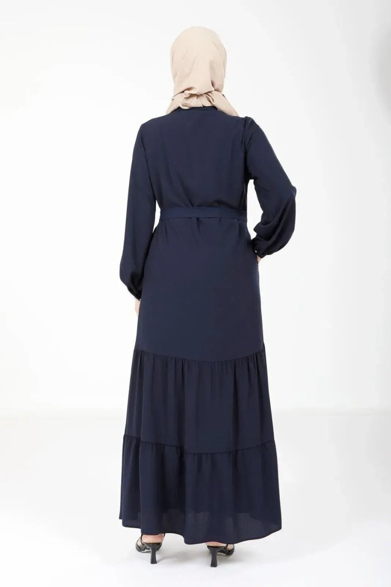 Navy Blue Crepe Hidden Zipper Two - Layer Gathered Detachable Belt Hijab Abaya 3649 - 25 - ihvan
