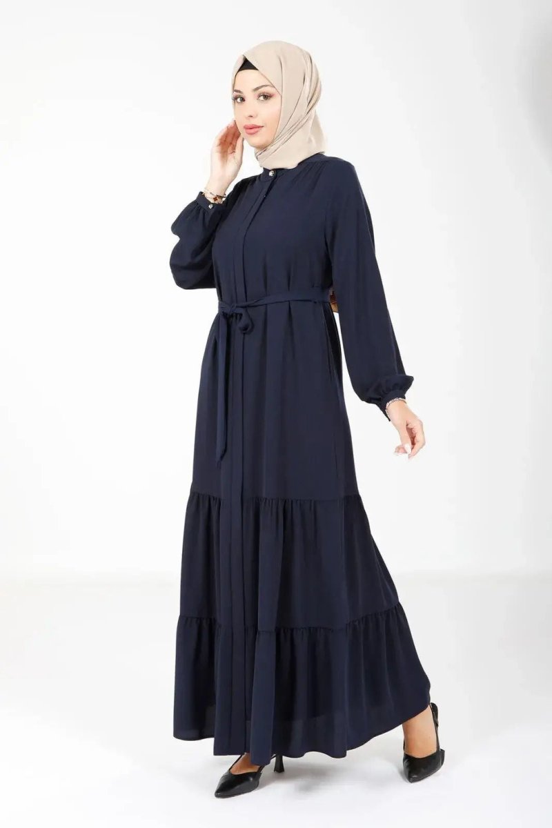 Navy Blue Crepe Hidden Zipper Two - Layer Gathered Detachable Belt Hijab Abaya 3649 - 25 - ihvan