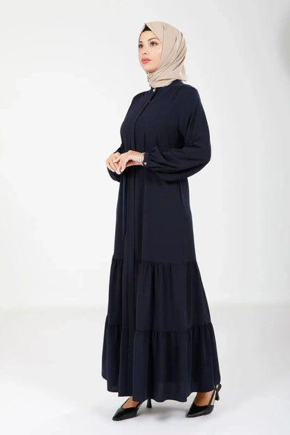 Navy Blue Crepe Hidden Zipper Two - Layer Gathered Detachable Belt Hijab Abaya 3649 - 25 - ihvan