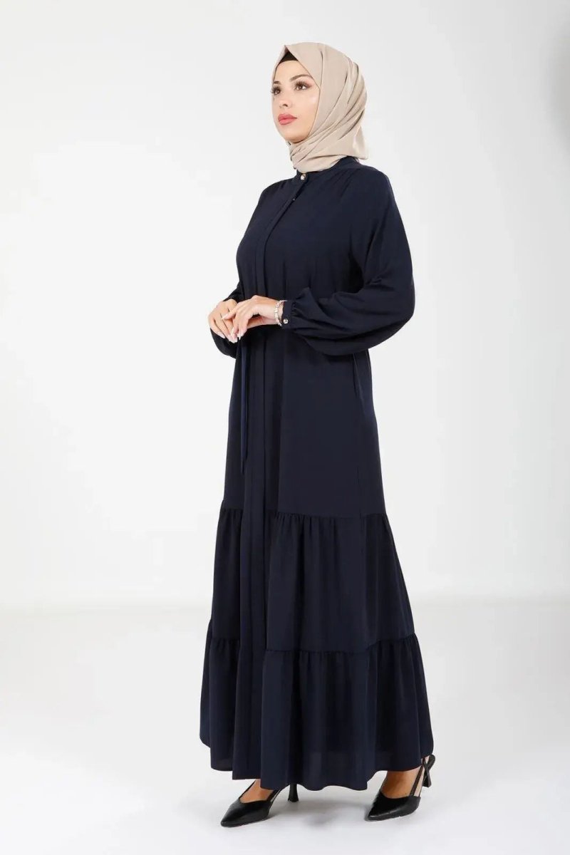 Navy Blue Crepe Hidden Zipper Two - Layer Gathered Detachable Belt Hijab Abaya 3649 - 25 - ihvan