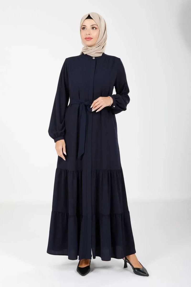 Navy Blue Crepe Hidden Zipper Two - Layer Gathered Detachable Belt Hijab Abaya 3649 - 25 - ihvan
