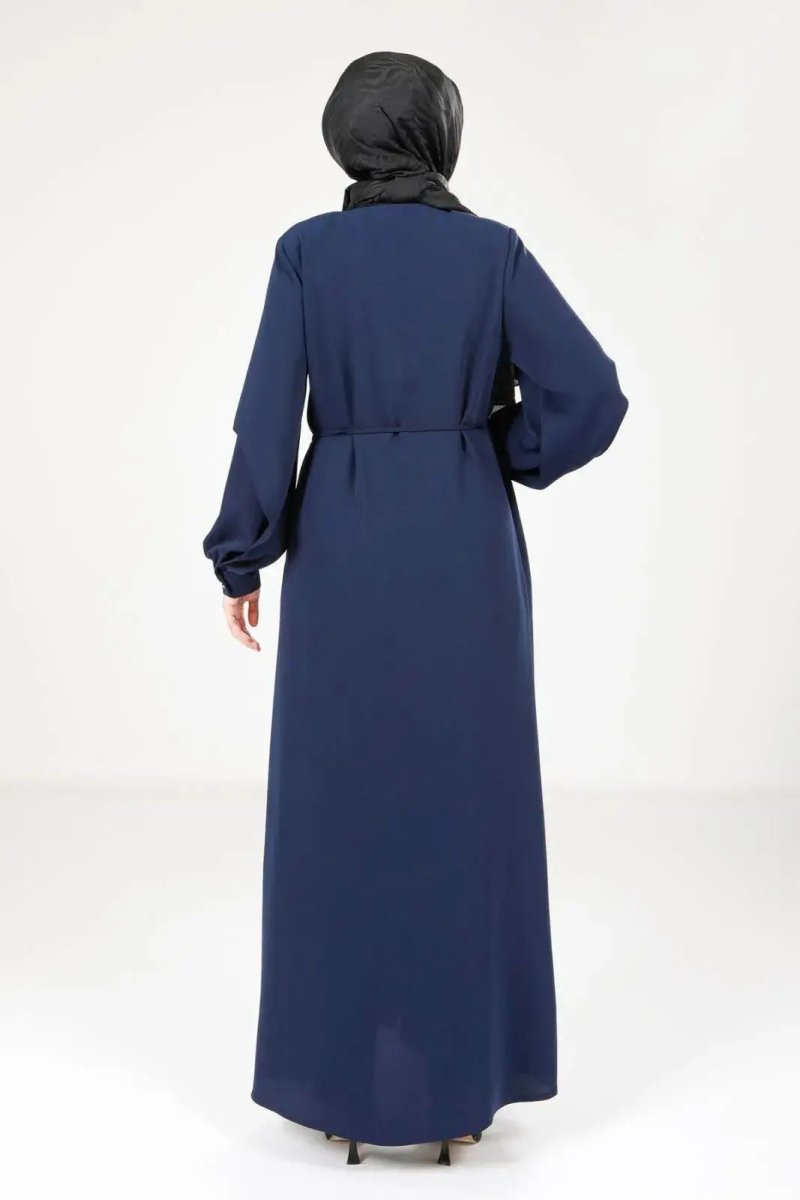 Navy Blue Hijab Abaya with Concealed Zipper and Slit Sleeves 9169 - 25 - ihvan