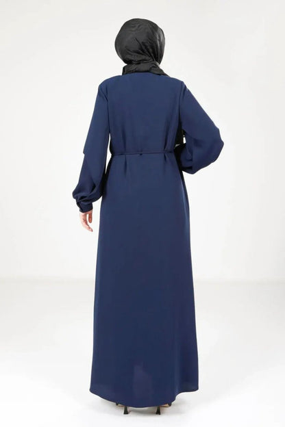 Navy Blue Hijab Abaya with Concealed Zipper and Slit Sleeves 9169 - 25 - ihvan