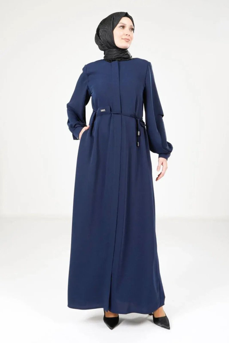 Navy Blue Hijab Abaya with Concealed Zipper and Slit Sleeves 9169 - 25 - ihvan