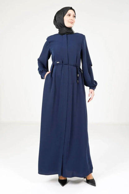 Navy Blue Hijab Abaya with Concealed Zipper and Slit Sleeves 9169 - 25 - ihvan