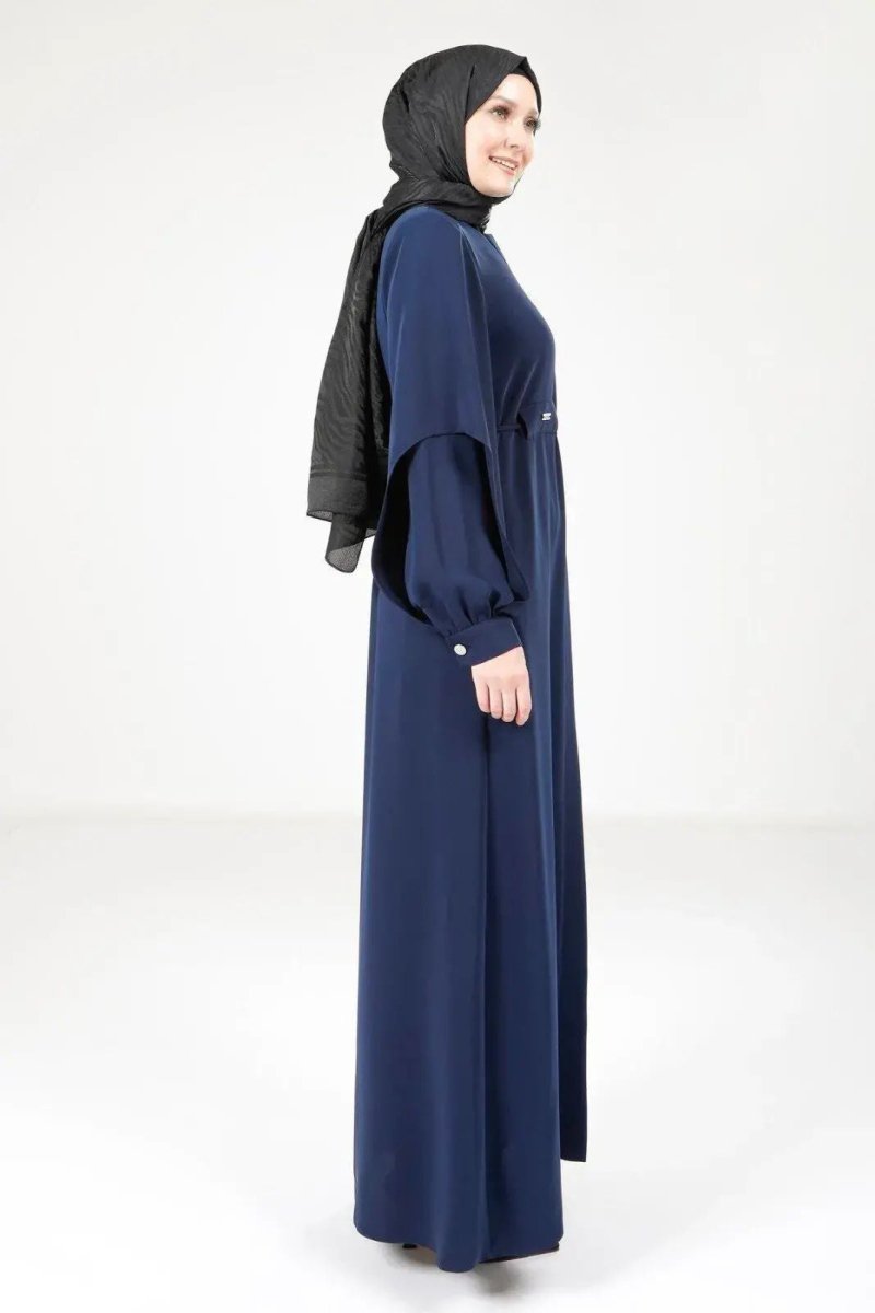 Navy Blue Hijab Abaya with Concealed Zipper and Slit Sleeves 9169 - 25 - ihvan