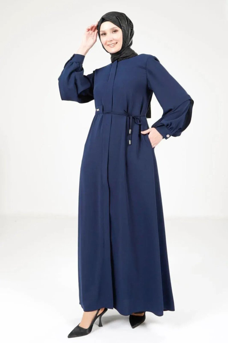 Navy Blue Hijab Abaya with Concealed Zipper and Slit Sleeves 9169 - 25 - ihvan