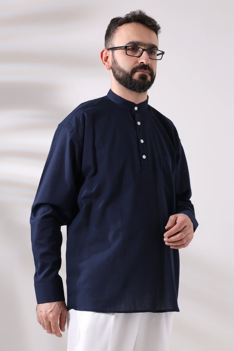 Navy Blue Men's Relaxed Fit 3-Button Mandarin Collar Hajj and Umrah Linen Shirt - ihvan