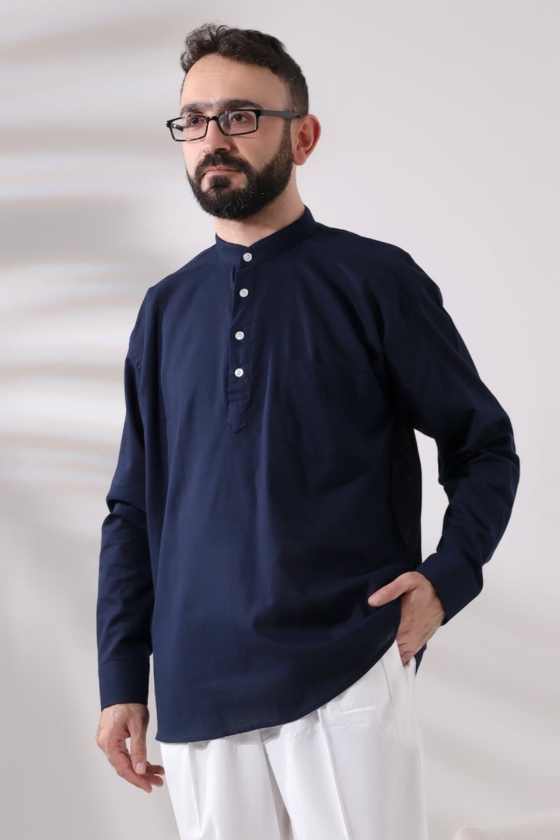 Navy Blue Men's Relaxed Fit 3-Button Mandarin Collar Hajj and Umrah Linen Shirt - ihvan